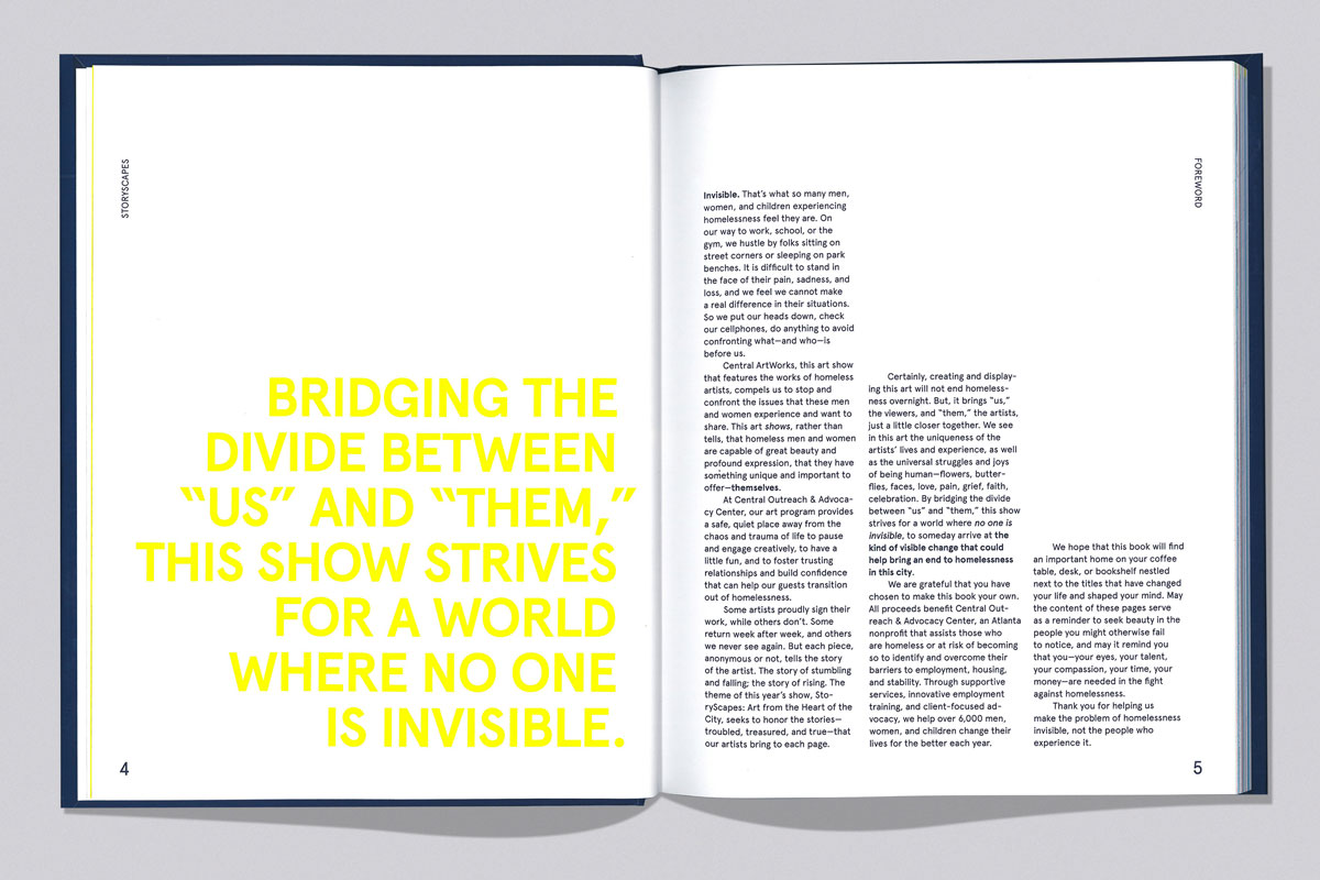 Storyscapes exhibition catalog intro spread designed by Drew Sisk