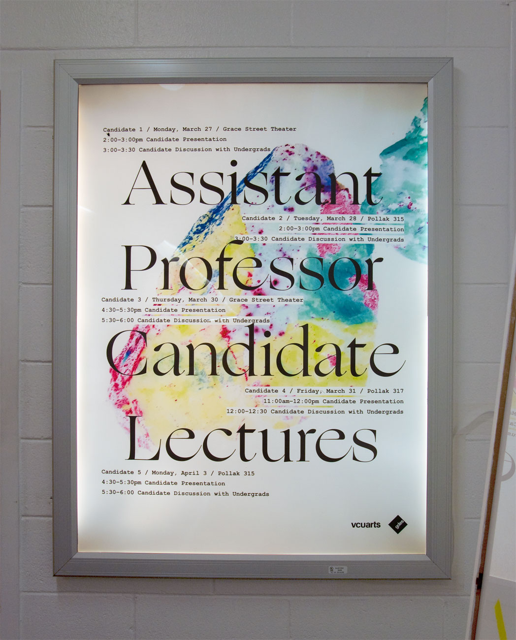 VCU Assistant Professor Candidate lectures poster, designed by Drew Sisk, VCU MFA